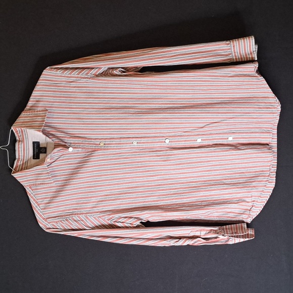 Banana Republic Cotton Shirt Men's Medium Gray Salmon Striped Camp Collared - Picture 3 of 8